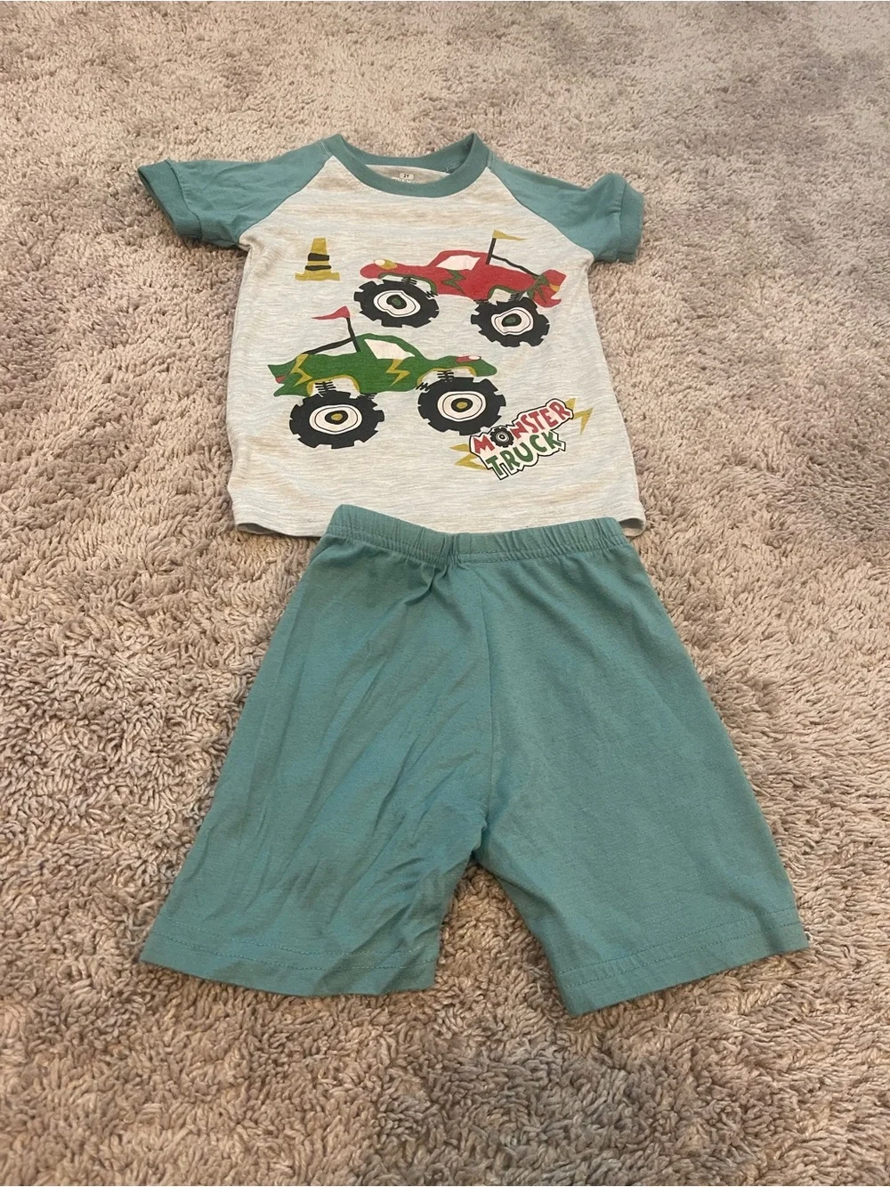Kids Monster Truck Short Pajama Set - Teal & White